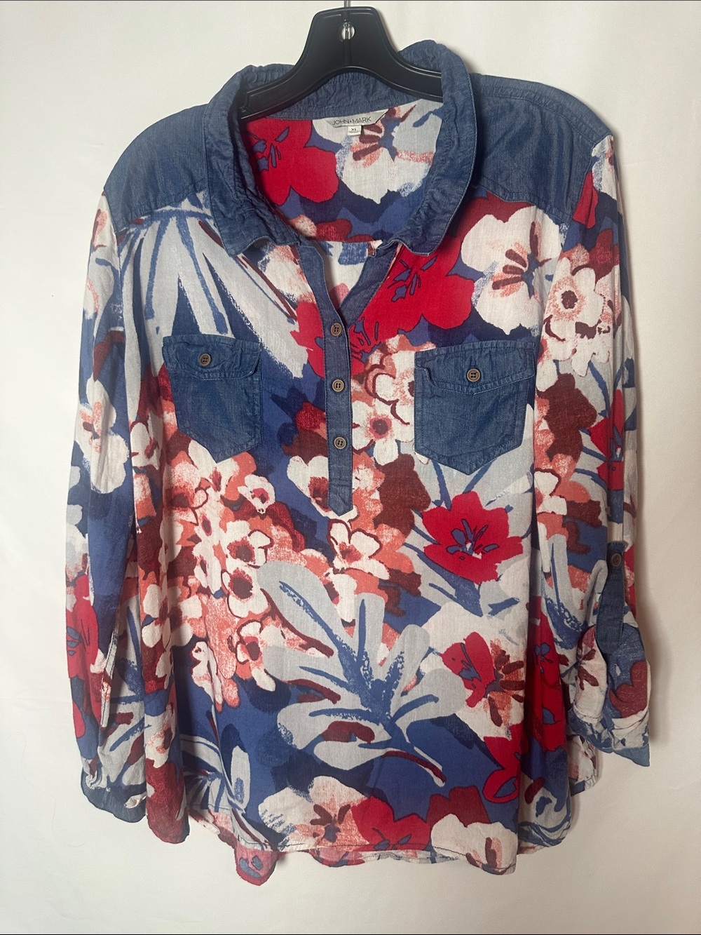 John Mark Floral Tunic with Denim Yoke in Red, Blue, White